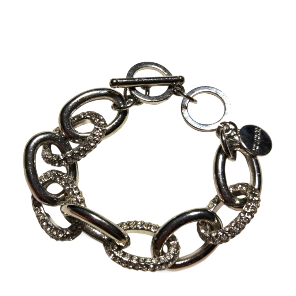 Chico's Silver Tone Oval Open Link Clear Crystals Toggle Bracelet